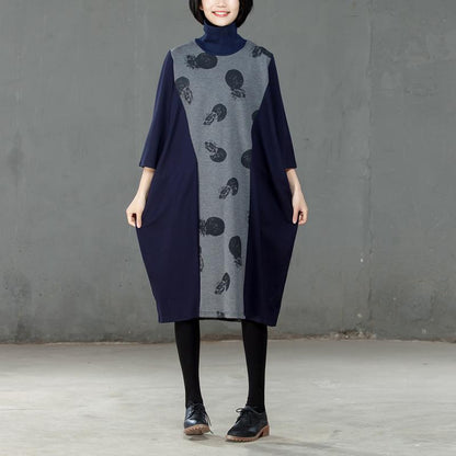 Splicing Turtle Neck Women Spring Autumn Printed Dress