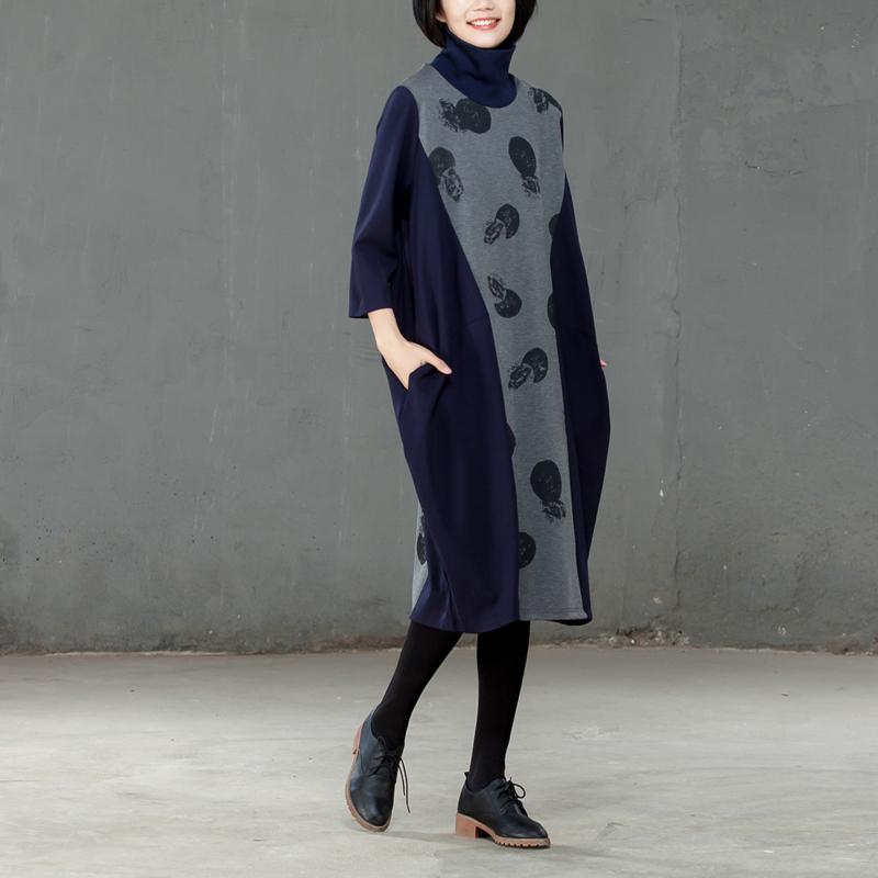 Splicing Turtle Neck Women Spring Autumn Printed Dress