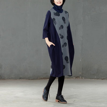 Splicing Turtle Neck Women Spring Autumn Printed Dress