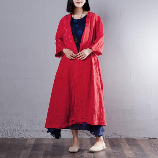 Three Quarter Sleeve Loose V Neck Red Coat