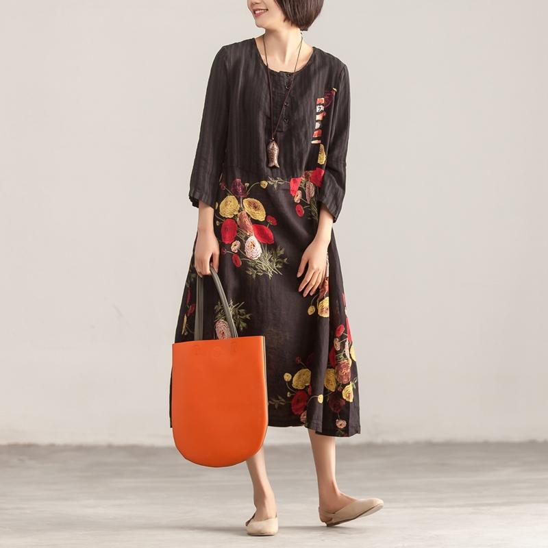 Three Quarter Sleeve Round Neck Cotton Linen Printed Dress