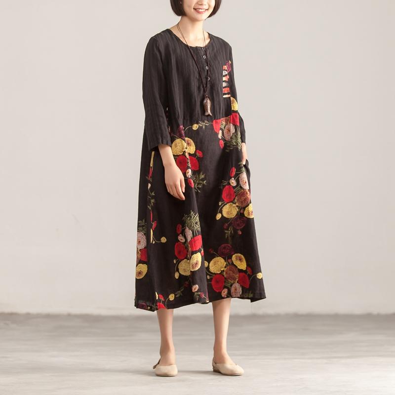 Three Quarter Sleeve Round Neck Cotton Linen Printed Dress