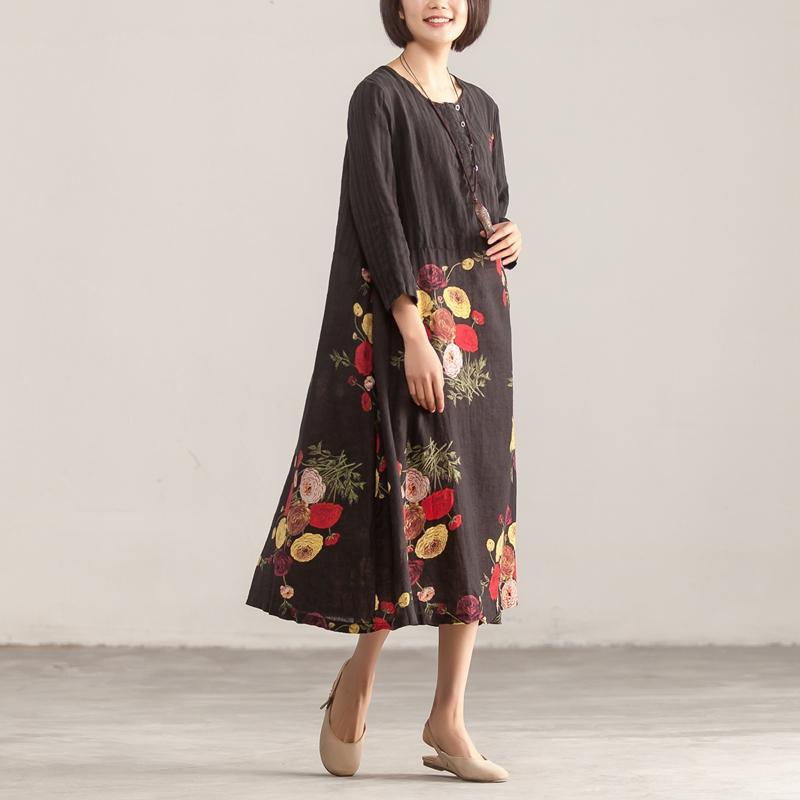 Three Quarter Sleeve Round Neck Cotton Linen Printed Dress