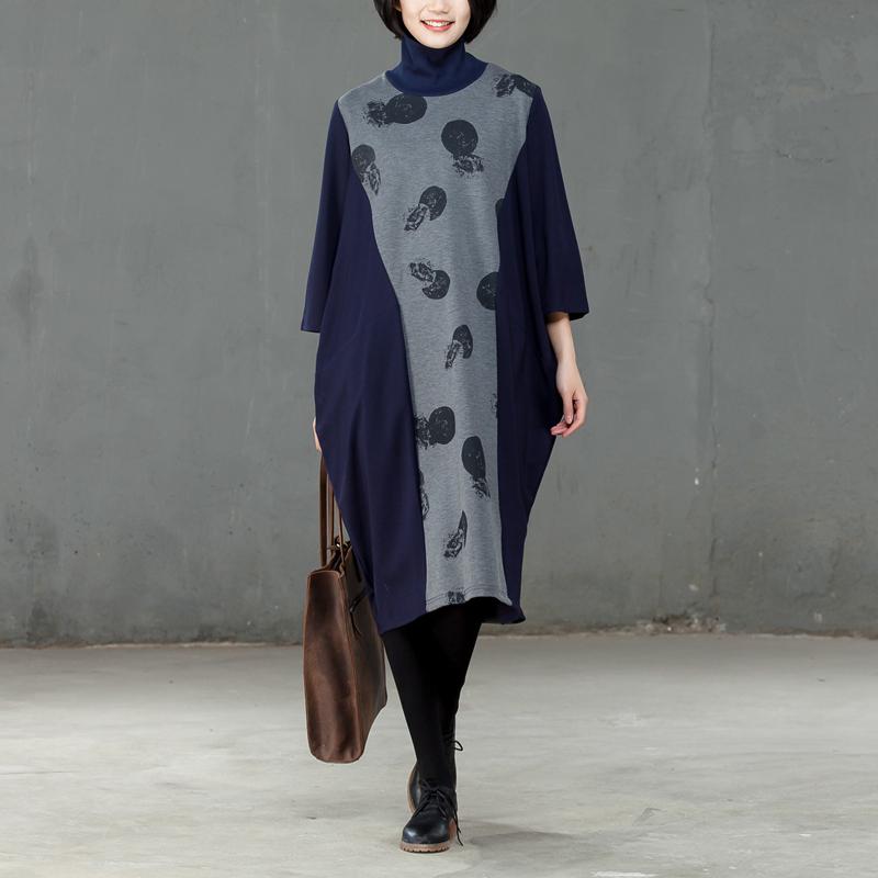 Splicing Turtle Neck Women Spring Autumn Printed Dress