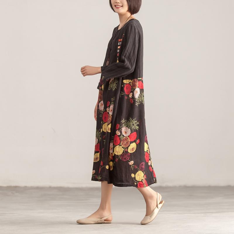 Three Quarter Sleeve Round Neck Cotton Linen Printed Dress