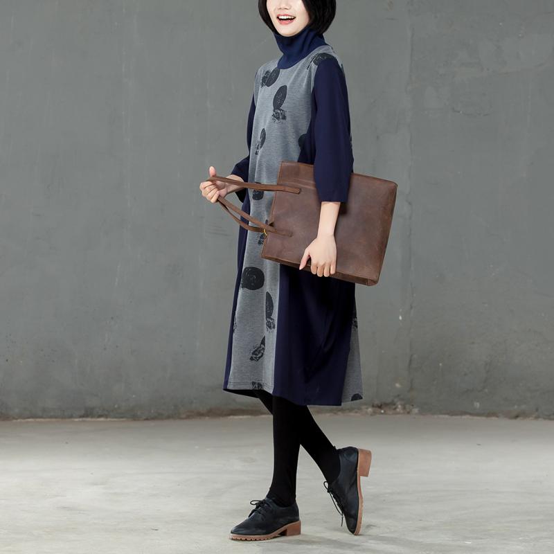 Splicing Turtle Neck Women Spring Autumn Printed Dress