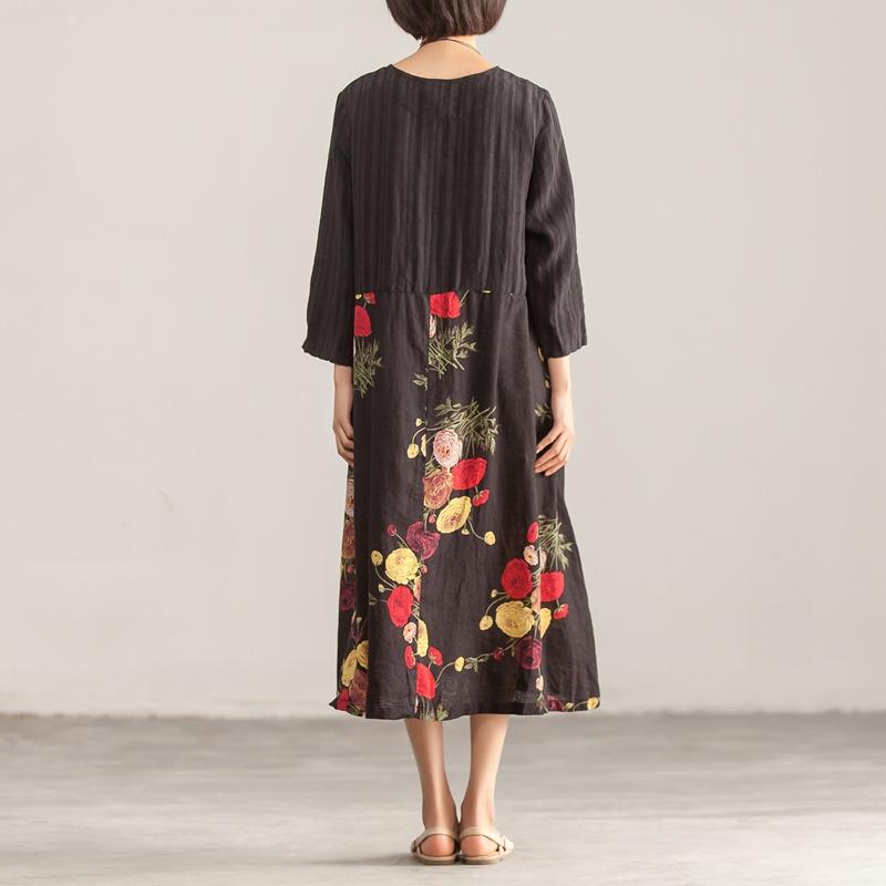 Three Quarter Sleeve Round Neck Cotton Linen Printed Dress