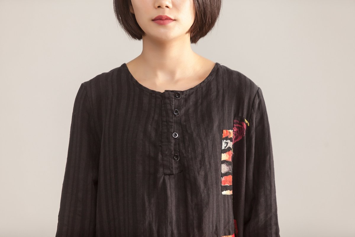 Three Quarter Sleeve Round Neck Cotton Linen Printed Dress