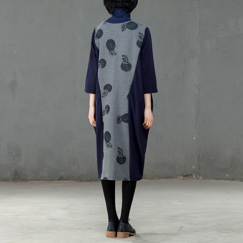 Splicing Turtle Neck Women Spring Autumn Printed Dress