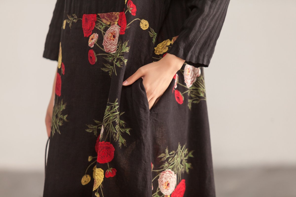 Three Quarter Sleeve Round Neck Cotton Linen Printed Dress