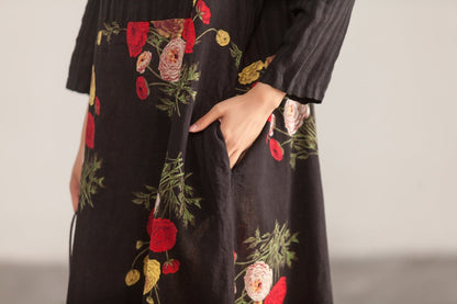 Three Quarter Sleeve Round Neck Cotton Linen Printed Dress
