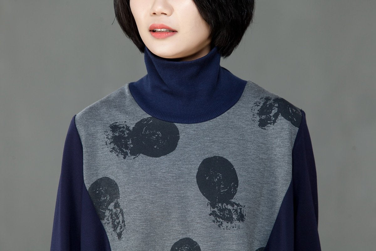 Splicing Turtle Neck Women Spring Autumn Printed Dress