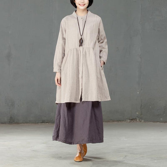 Single Breasted Loose Beige Lattice Women Pleated Dress