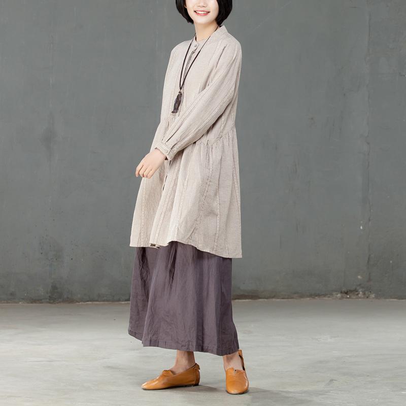 Single Breasted Loose Beige Lattice Women Pleated Dress