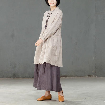 Single Breasted Loose Beige Lattice Women Pleated Dress