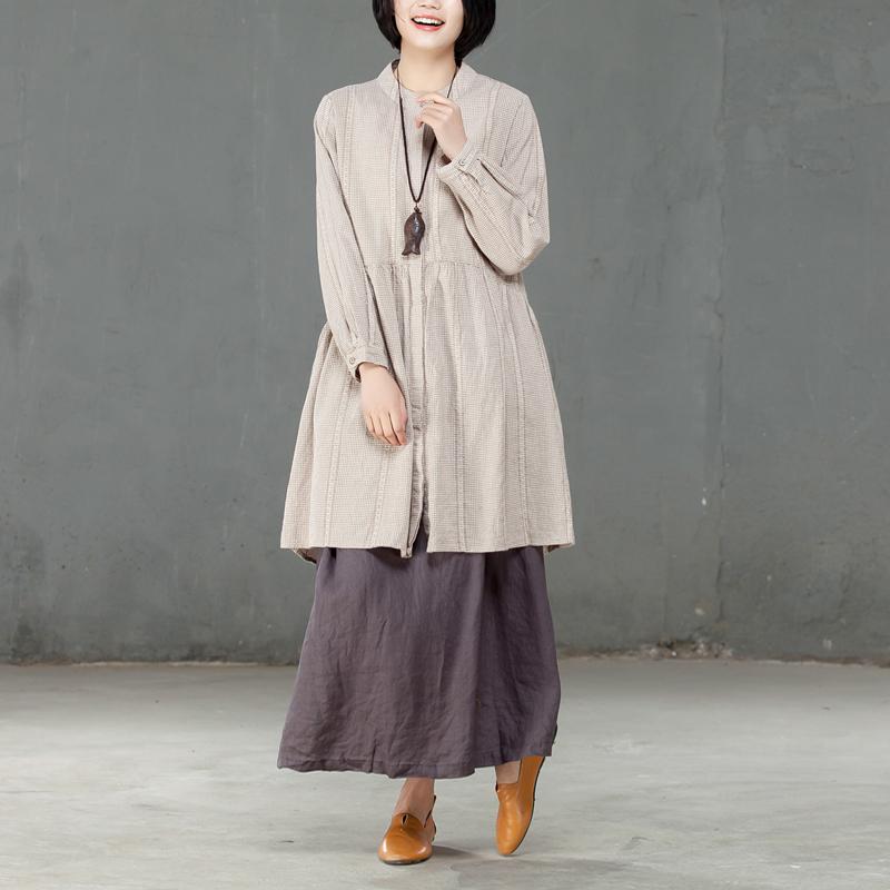 Single Breasted Loose Beige Lattice Women Pleated Dress