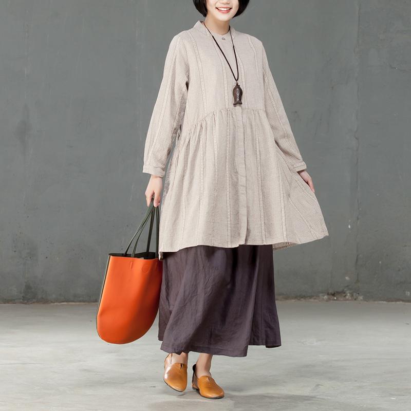 Single Breasted Loose Beige Lattice Women Pleated Dress