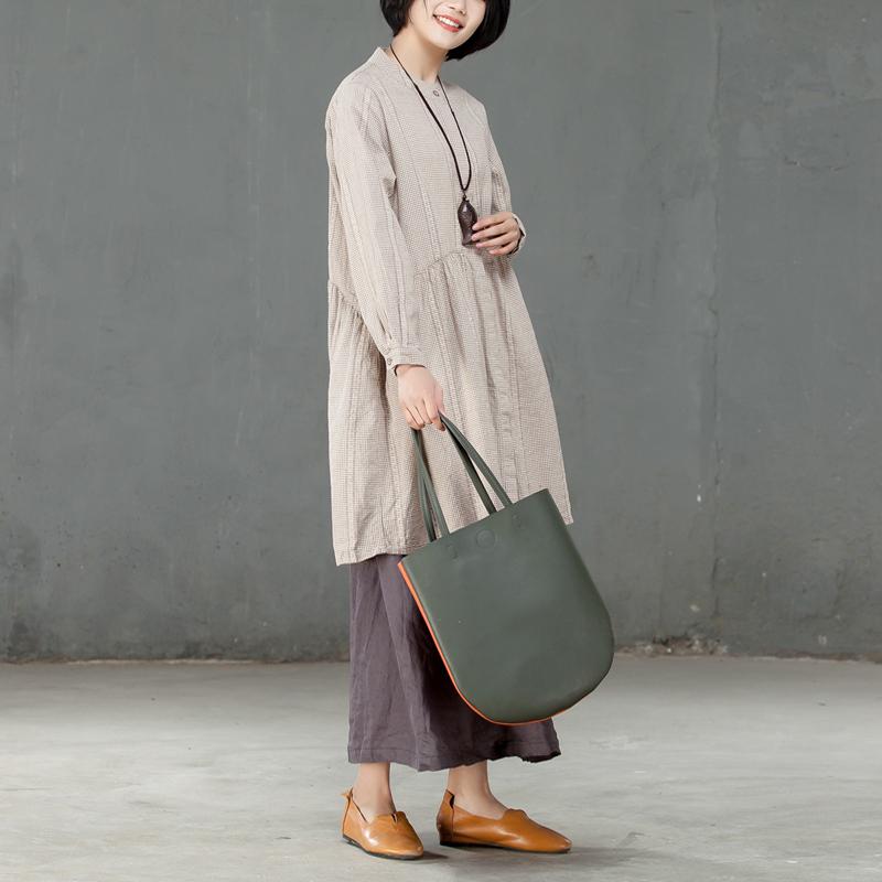 Single Breasted Loose Beige Lattice Women Pleated Dress