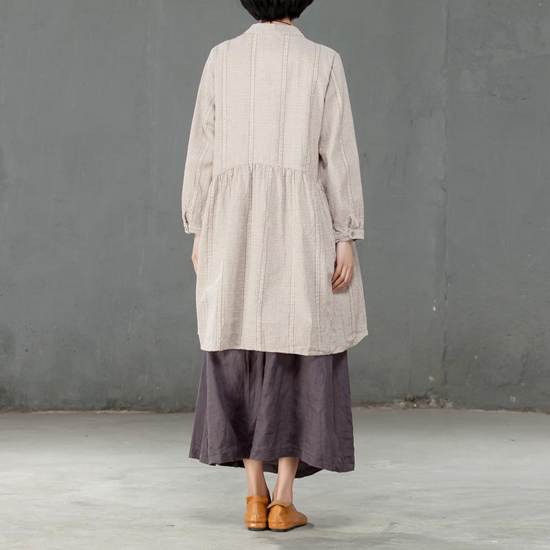 Single Breasted Loose Beige Lattice Women Pleated Dress