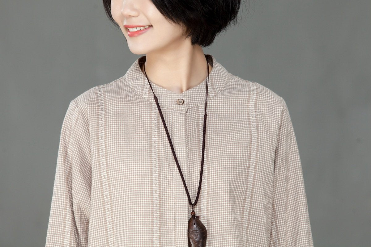 Single Breasted Loose Beige Lattice Women Pleated Dress