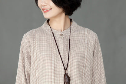 Single Breasted Loose Beige Lattice Women Pleated Dress