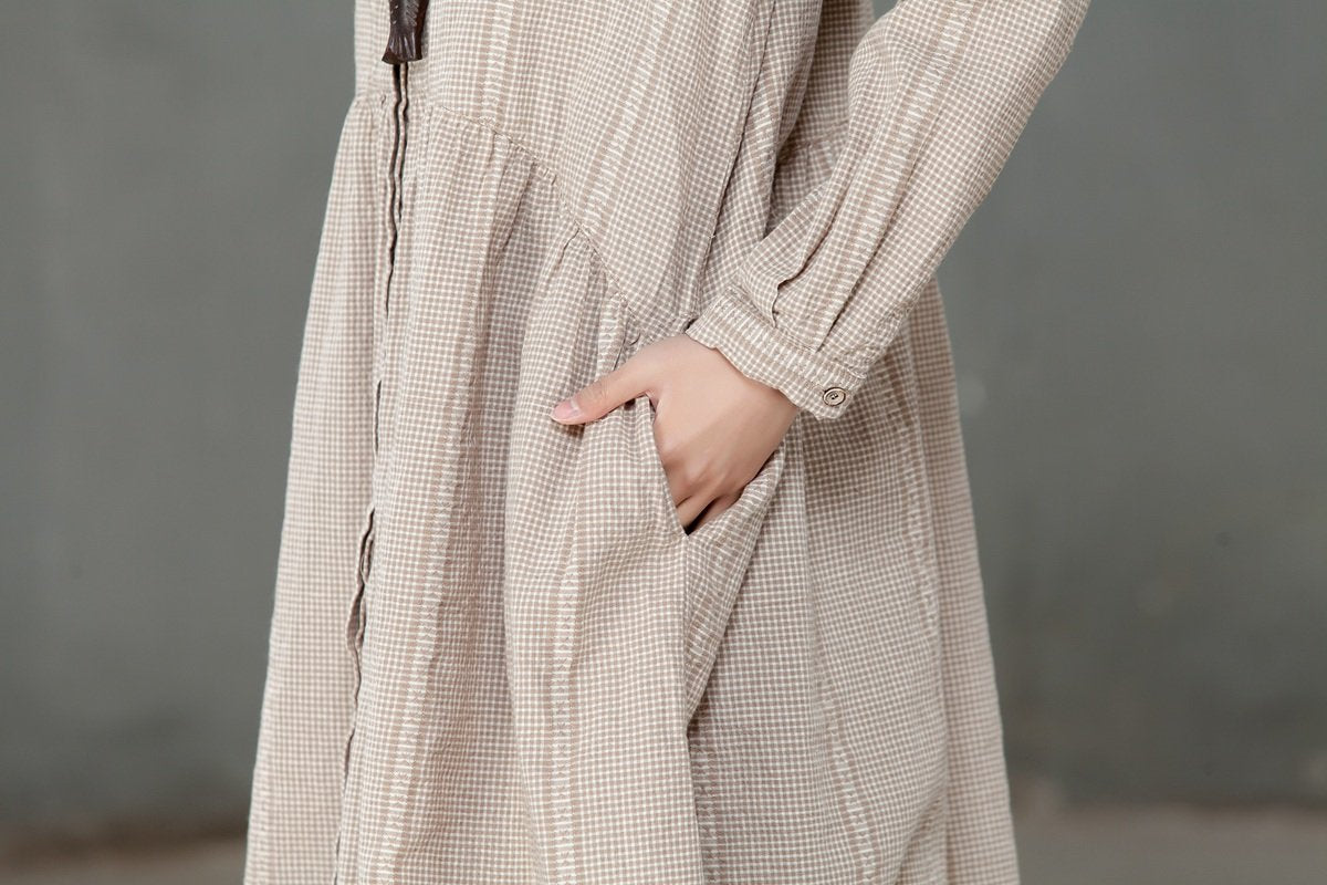 Single Breasted Loose Beige Lattice Women Pleated Dress
