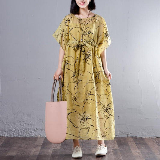 Spring Summer Round Neck Short Sleeve Printed Yellow Dress
