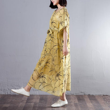Spring Summer Round Neck Short Sleeve Printed Yellow Dress
