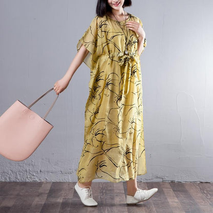 Spring Summer Round Neck Short Sleeve Printed Yellow Dress