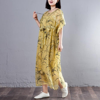 Spring Summer Round Neck Short Sleeve Printed Yellow Dress