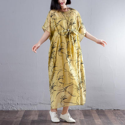 Spring Summer Round Neck Short Sleeve Printed Yellow Dress
