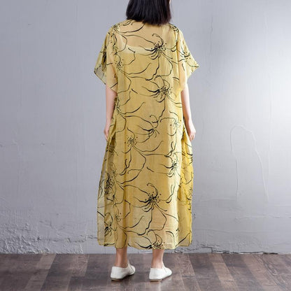 Spring Summer Round Neck Short Sleeve Printed Yellow Dress