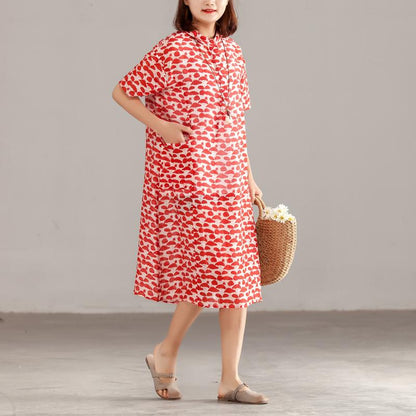Women Red Linen Short Sleeve Summer Dress