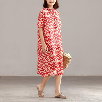 Women Red Linen Short Sleeve Summer Dress