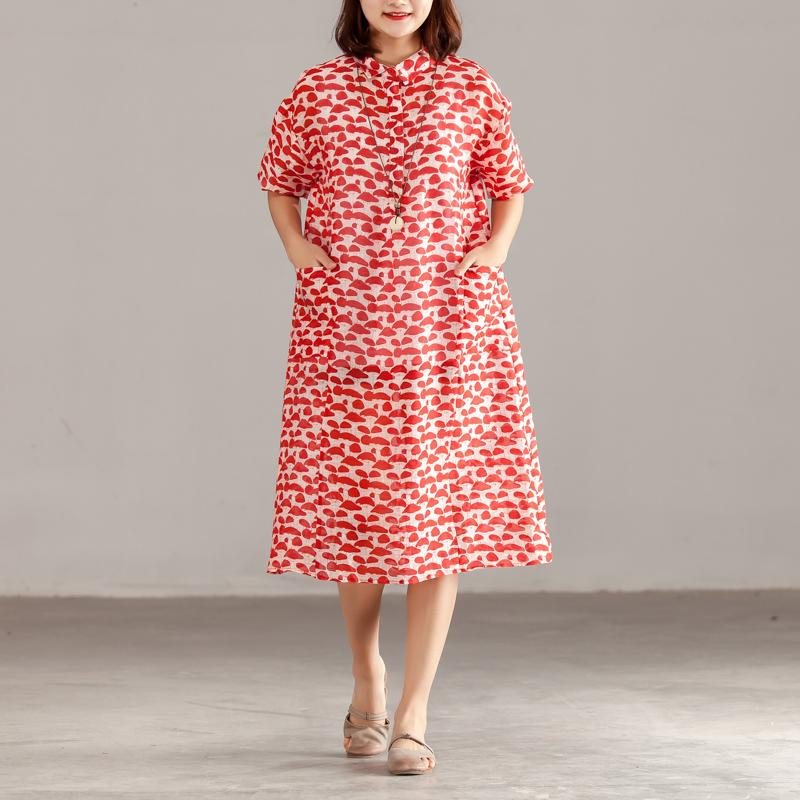 Women Red Linen Short Sleeve Summer Dress