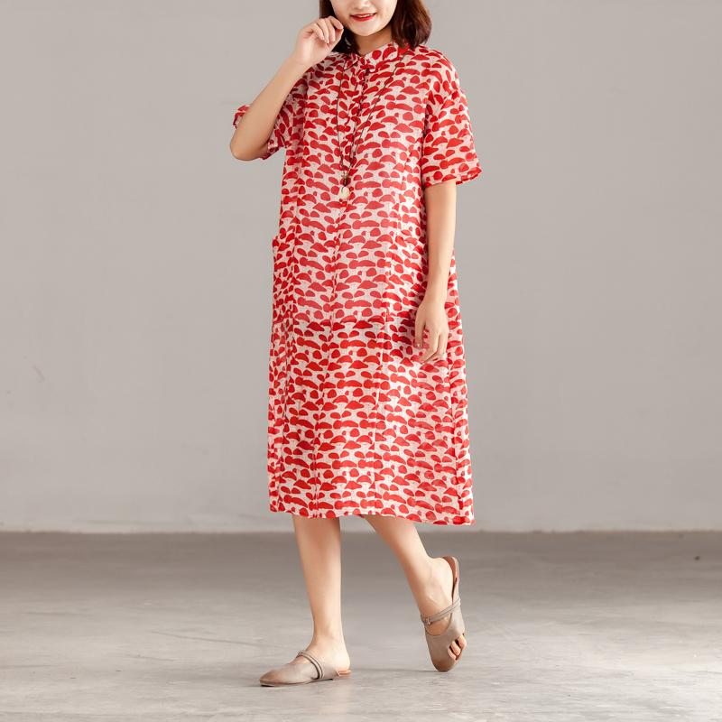 Women Red Linen Short Sleeve Summer Dress