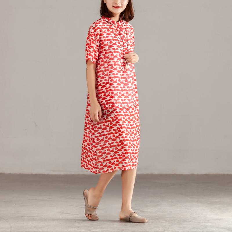 Women Red Linen Short Sleeve Summer Dress