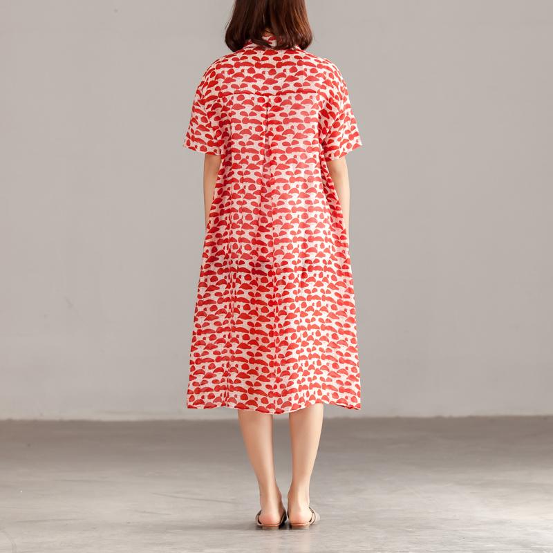 Women Red Linen Short Sleeve Summer Dress