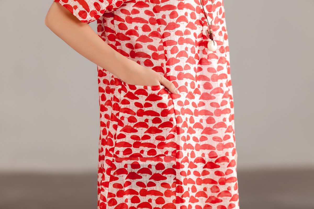 Women Red Linen Short Sleeve Summer Dress