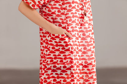 Women Red Linen Short Sleeve Summer Dress