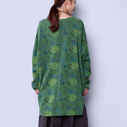 Loose Cotton Women Causal Printing Splitting Green Shirt