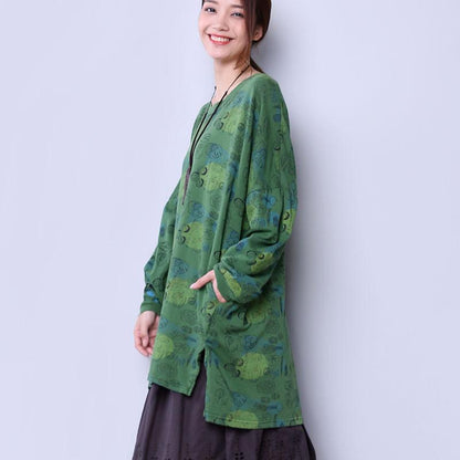 Loose Cotton Women Causal Printing Splitting Green Shirt