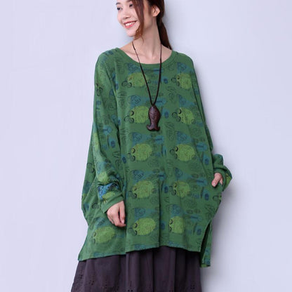 Loose Cotton Women Causal Printing Splitting Green Shirt