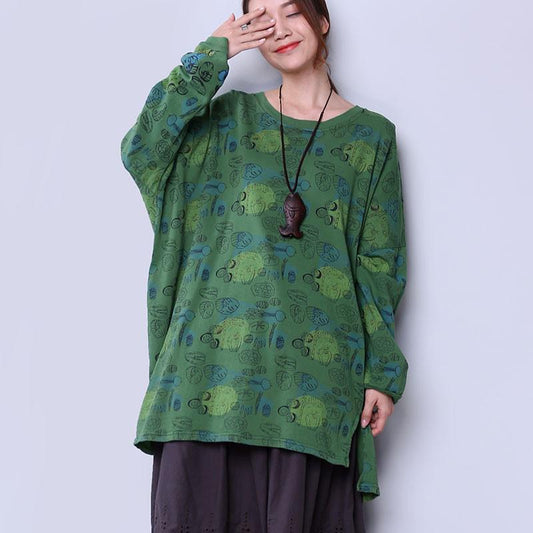 Loose Cotton Women Causal Printing Splitting Green Shirt