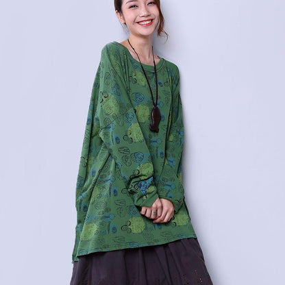 Loose Cotton Women Causal Printing Splitting Green Shirt