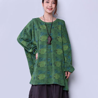 Loose Cotton Women Causal Printing Splitting Green Shirt