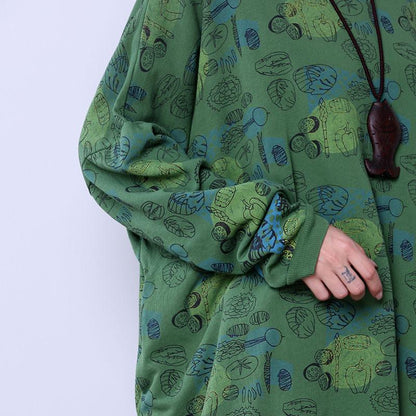 Loose Cotton Women Causal Printing Splitting Green Shirt