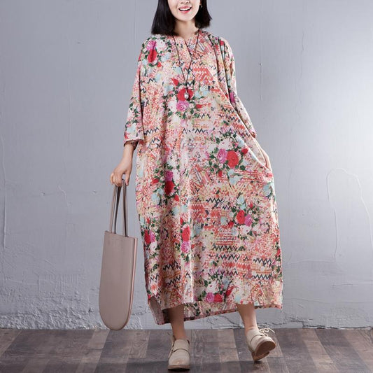 Stand Collar Three Quarter Sleeve Printed Loose Dress