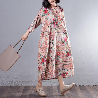 Stand Collar Three Quarter Sleeve Printed Loose Dress