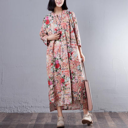 Stand Collar Three Quarter Sleeve Printed Loose Dress
